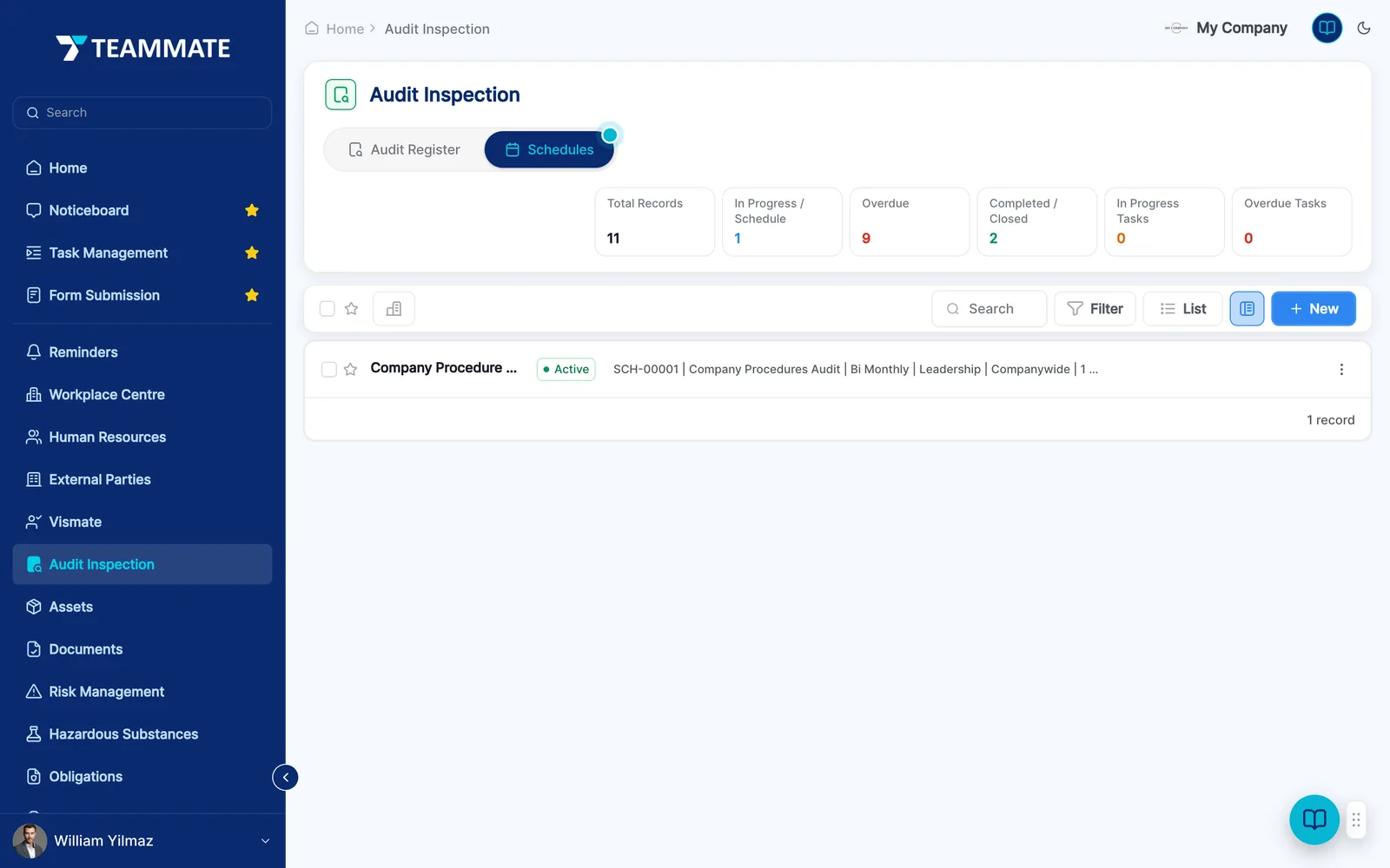 The audit schedules view in Teammate showing recurring audits