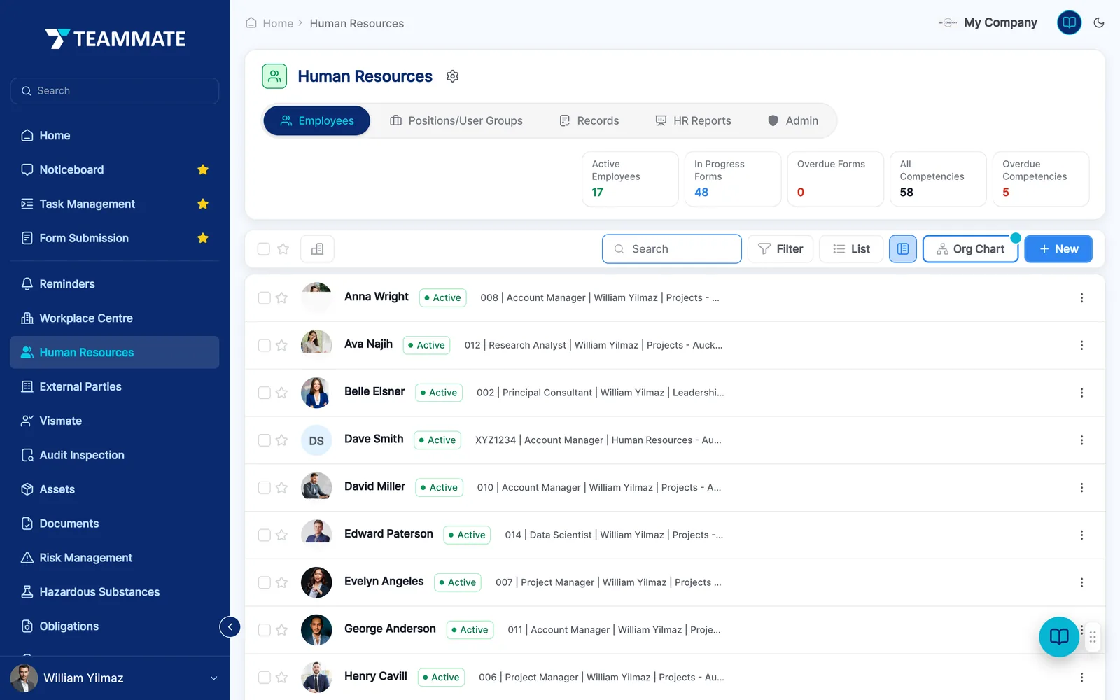The competency register in Teammate showing employees, competencies and expiry status
