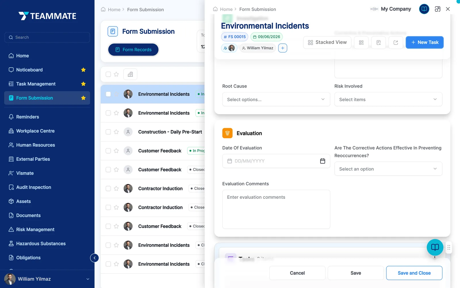 An incident record in Teammate with its investigation section and attachments