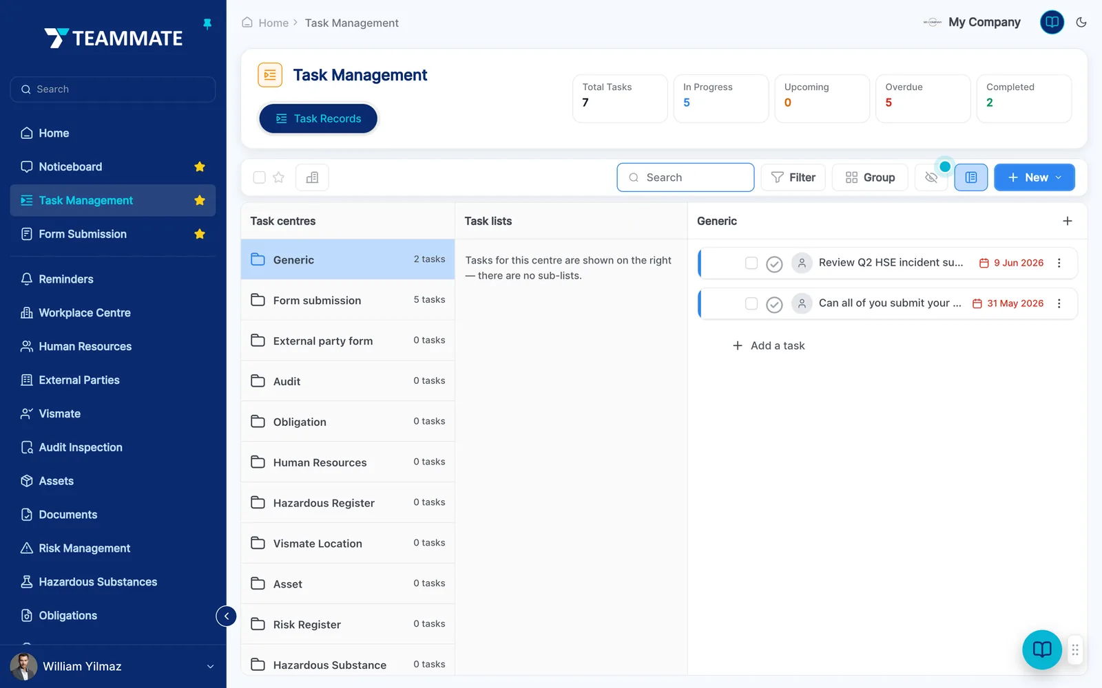 The task management register in Teammate showing open and overdue actions