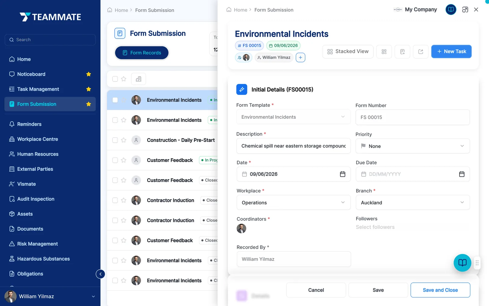 An environmental incident record in Teammate with investigation and corrective actions