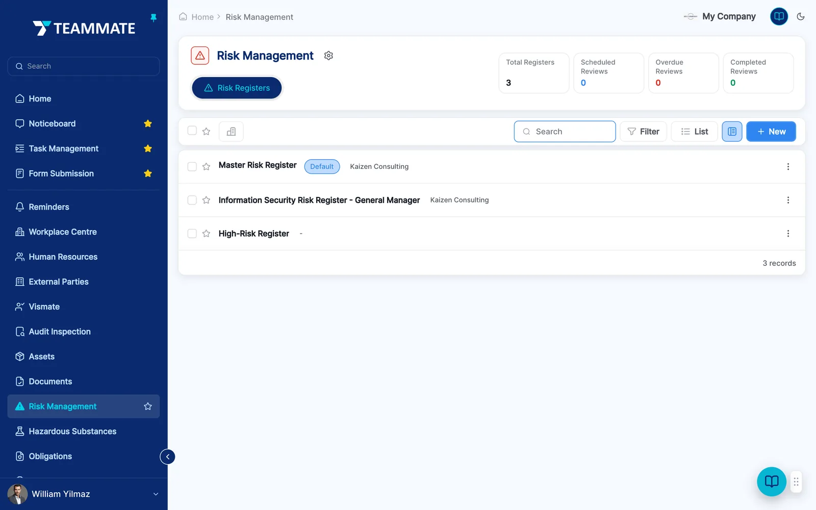 The risk register in Teammate with ratings and review status