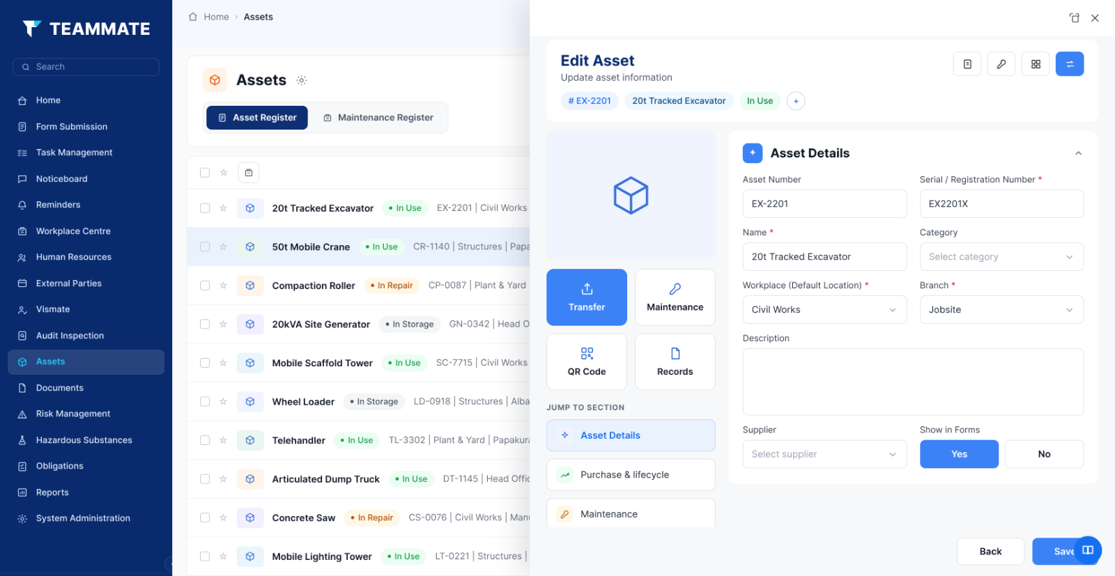 Plant and asset register in Teammate App
