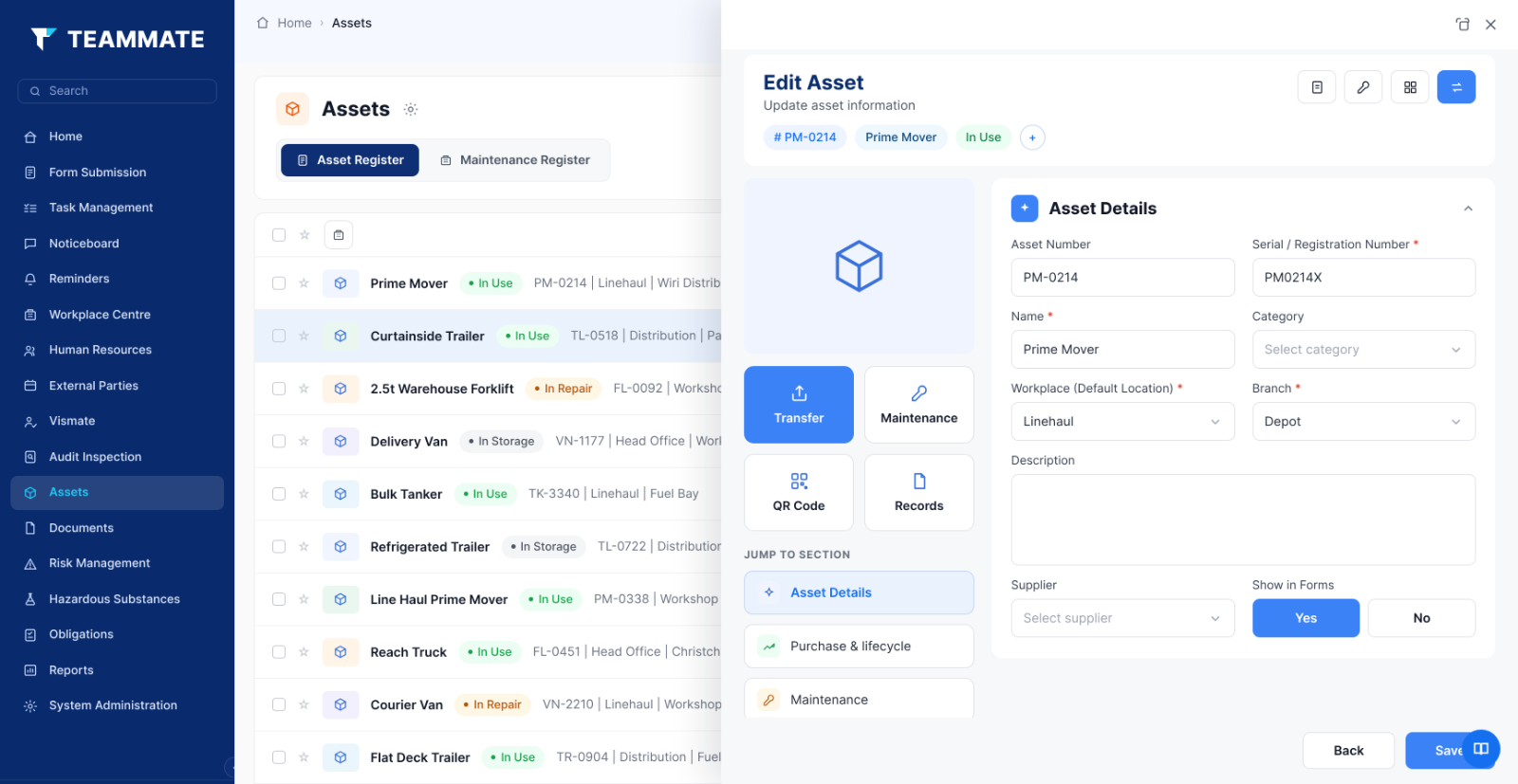 Fleet and servicing register in Teammate App