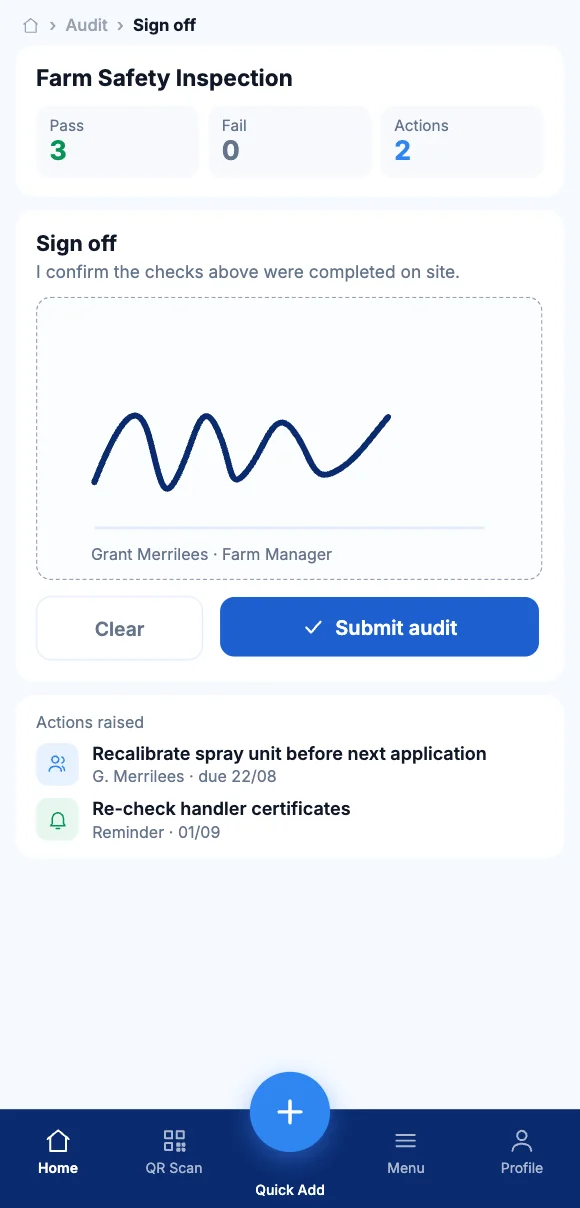 The Teammate App mobile app showing signing off a completed audit