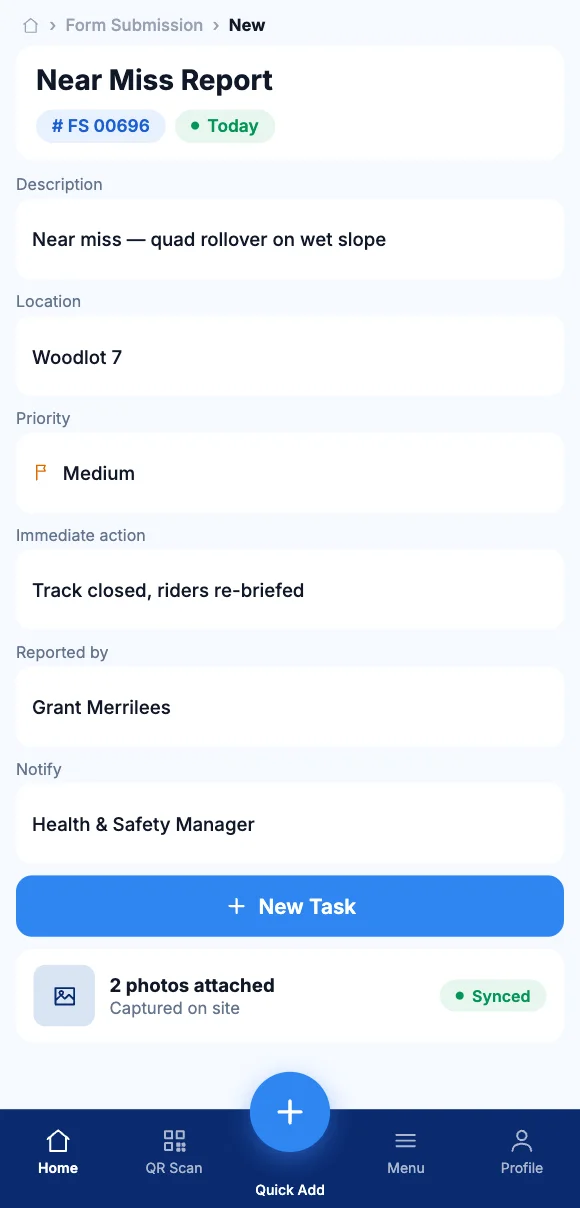 The Teammate App mobile app showing reporting a near miss