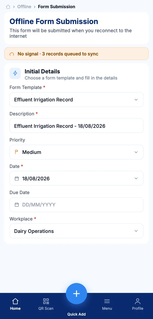 The Teammate App mobile app showing a form queued to sync with no signal