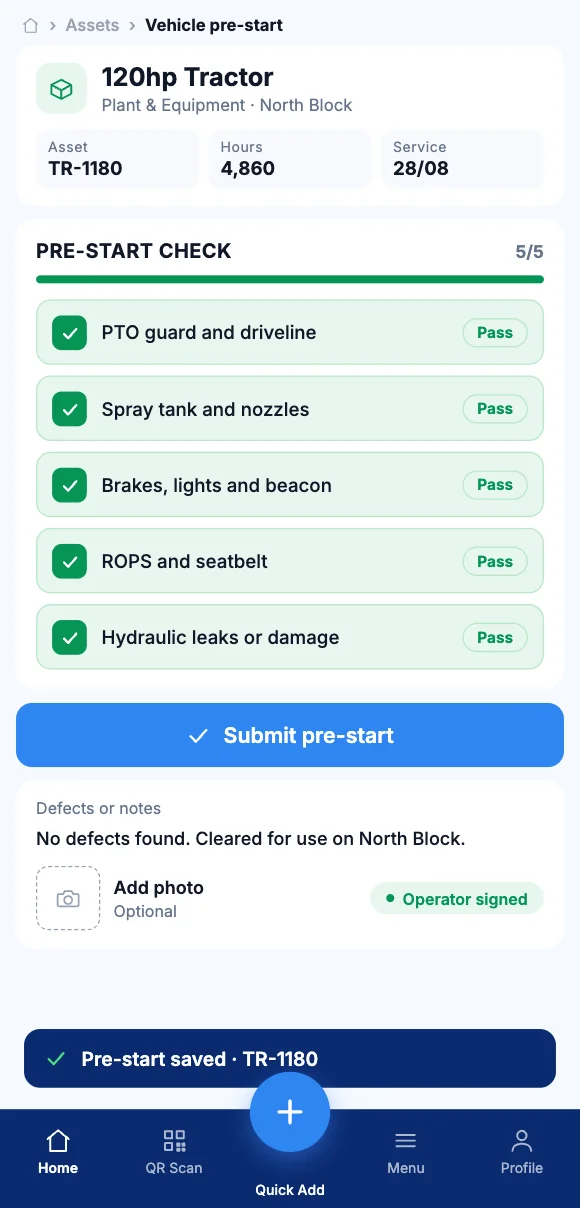 The Teammate App mobile app showing a five-point pre-start check