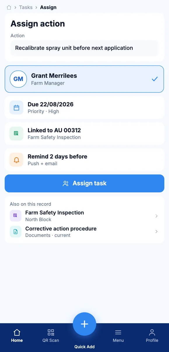 The Teammate App mobile app showing assigning the action to a person