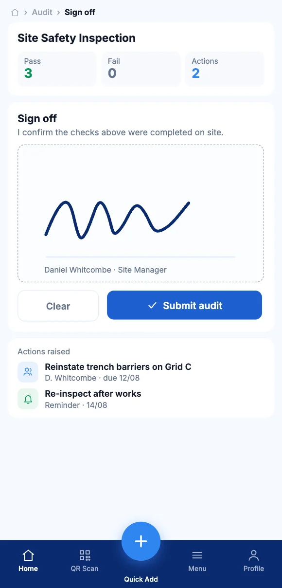 The Teammate App mobile app showing signing off a completed audit