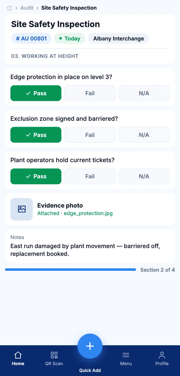The Teammate App mobile app showing an audit with pass, fail and evidence