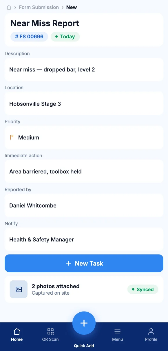 The Teammate App mobile app showing reporting a near miss