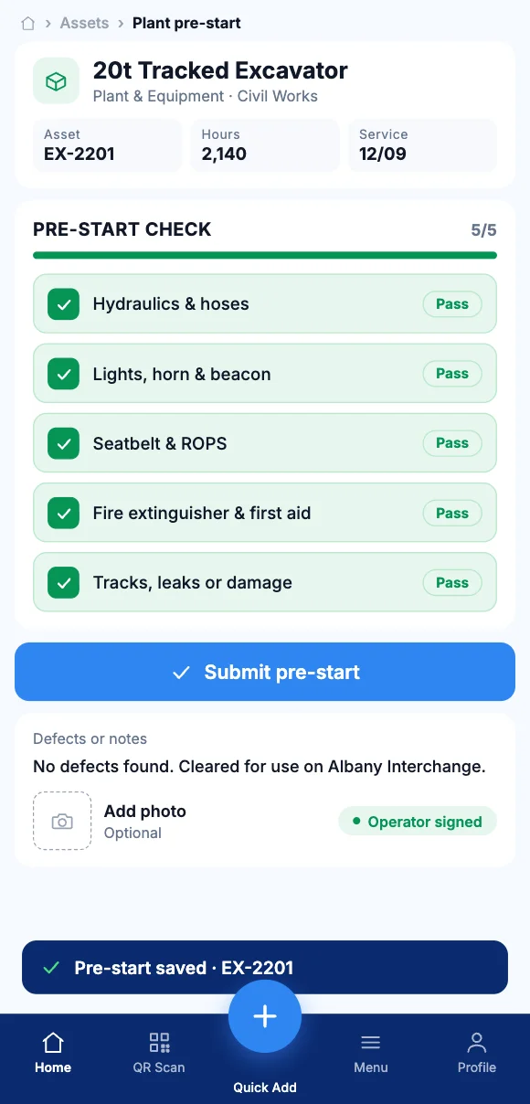 The Teammate App mobile app showing a five-point pre-start check