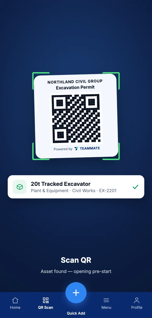 The Teammate App mobile app showing scanning an asset QR tag