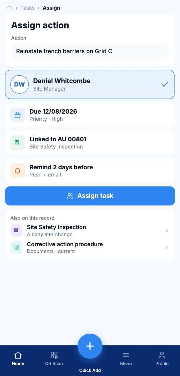 The Teammate App mobile app showing assigning the action to a person
