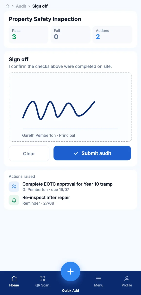 The Teammate App mobile app showing signing off a completed audit
