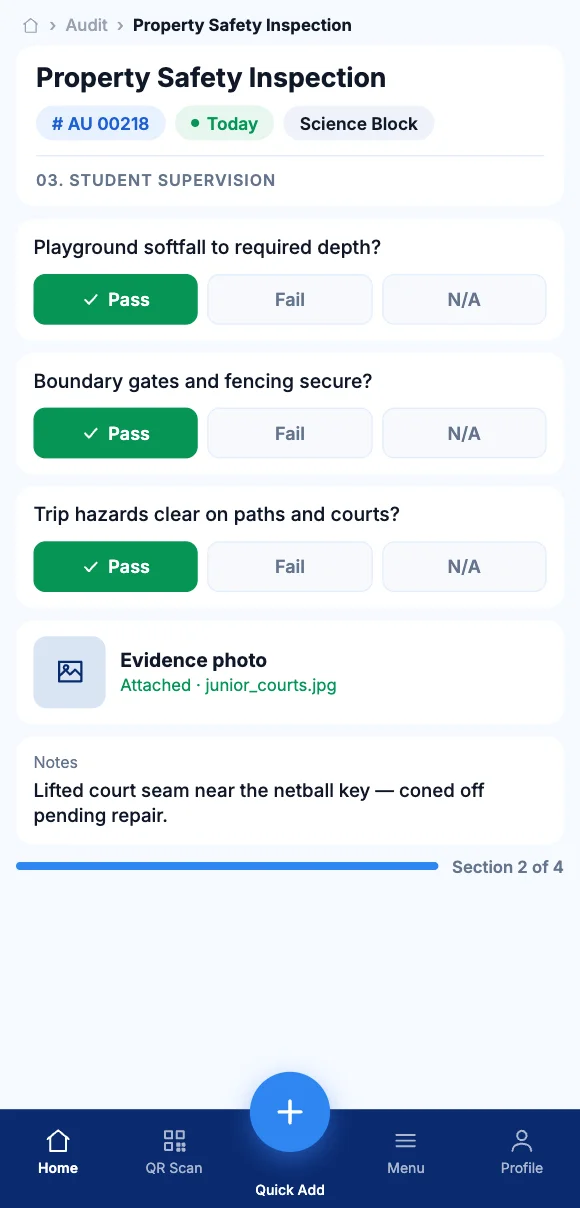 The Teammate App mobile app showing an audit with pass, fail and evidence