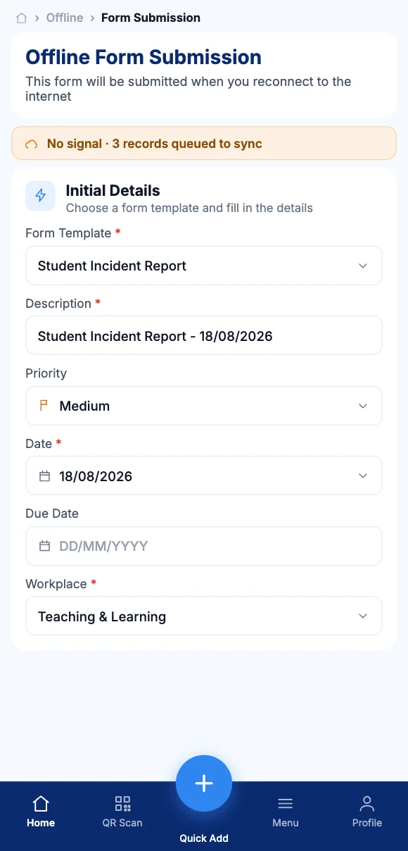 The Teammate App mobile app showing a form queued to sync with no signal