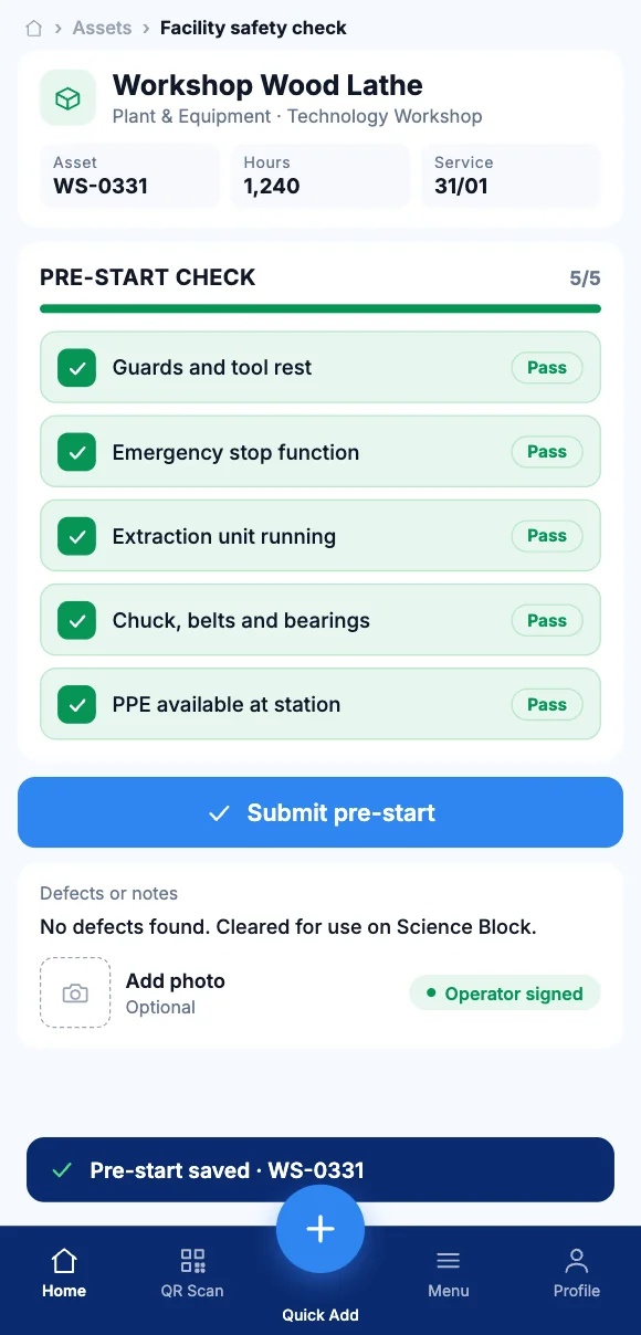 The Teammate App mobile app showing a five-point pre-start check