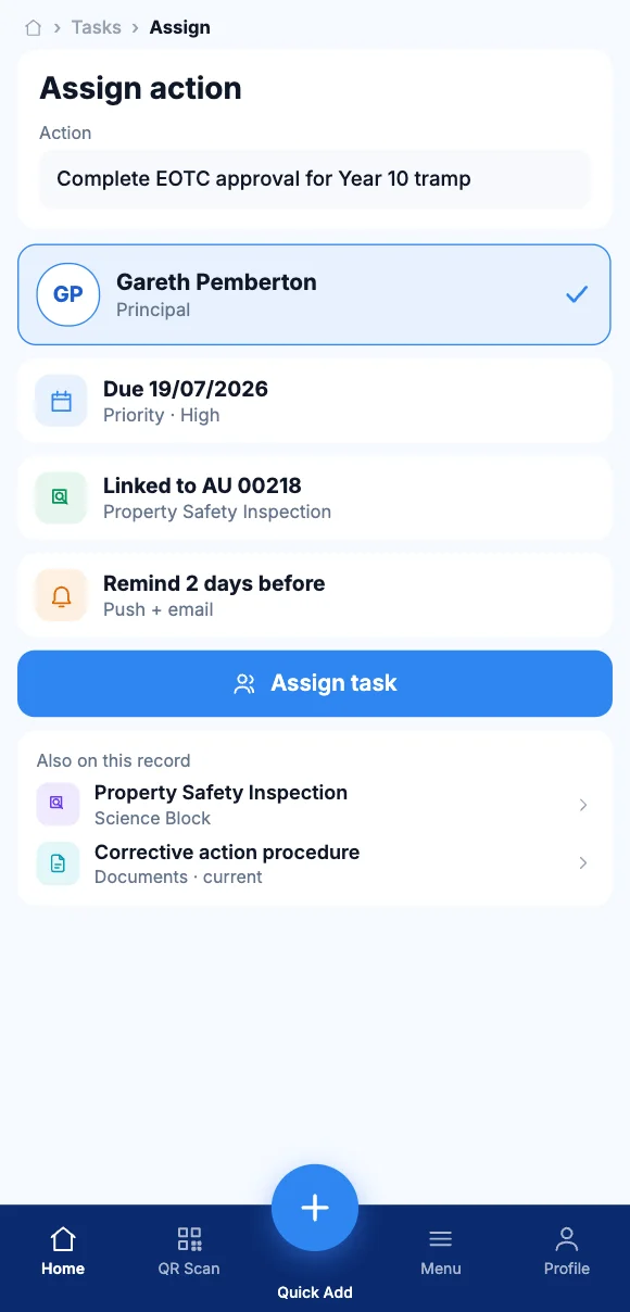 The Teammate App mobile app showing assigning the action to a person