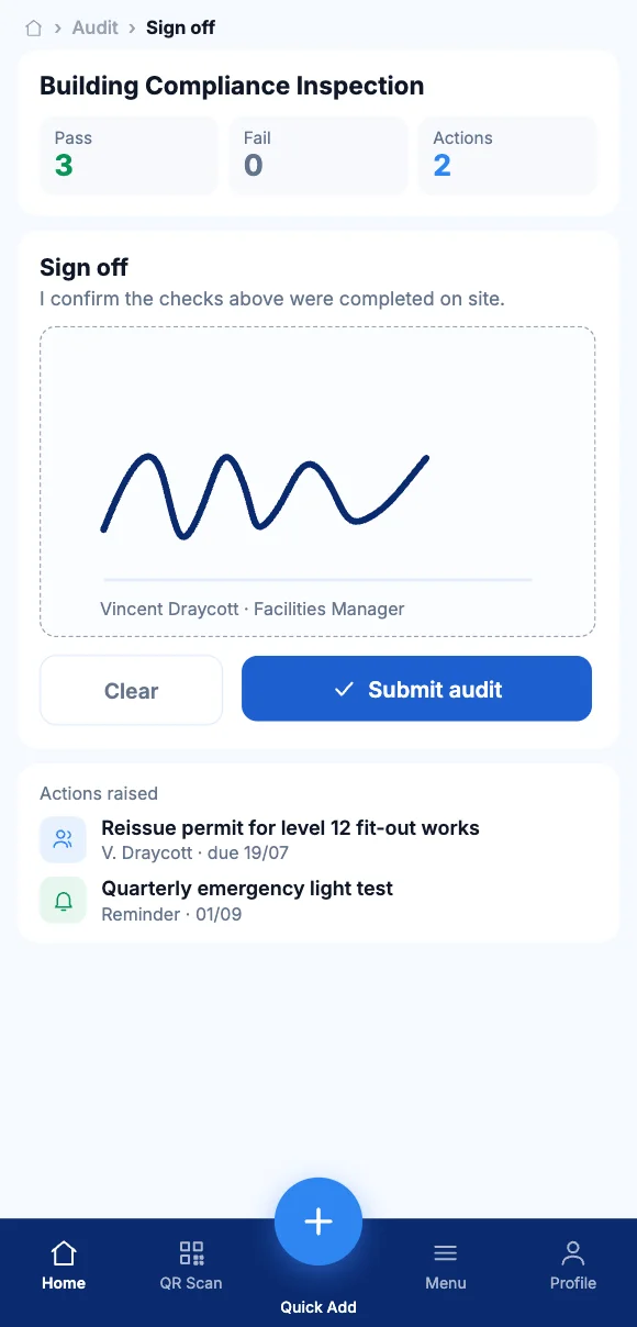The Teammate App mobile app showing signing off a completed audit