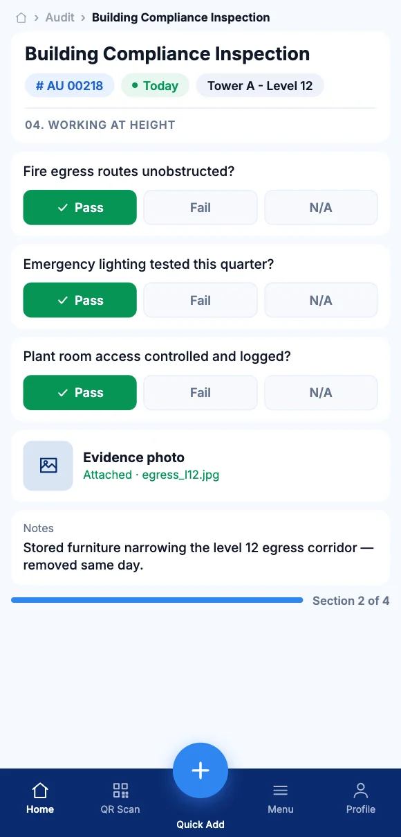 The Teammate App mobile app showing an audit with pass, fail and evidence