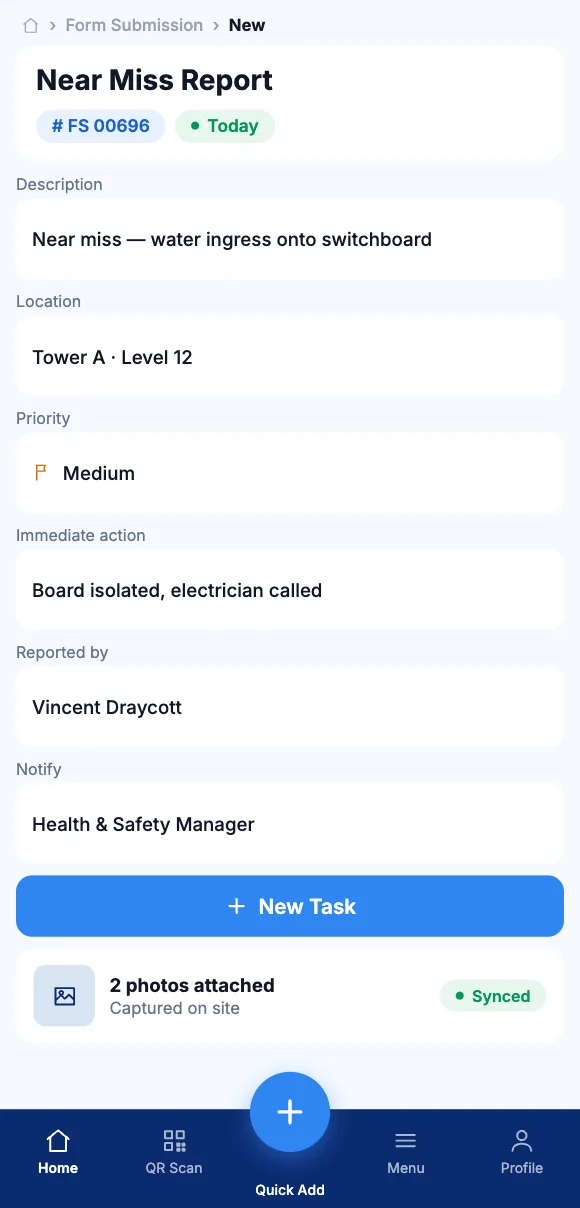 The Teammate App mobile app showing reporting a near miss