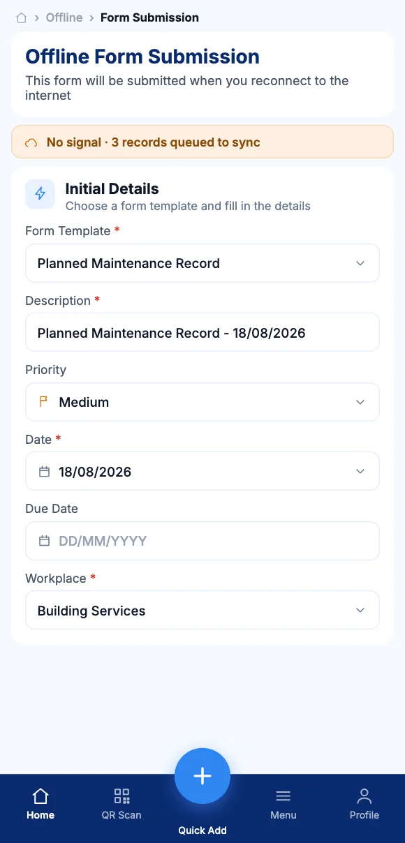 The Teammate App mobile app showing a form queued to sync with no signal