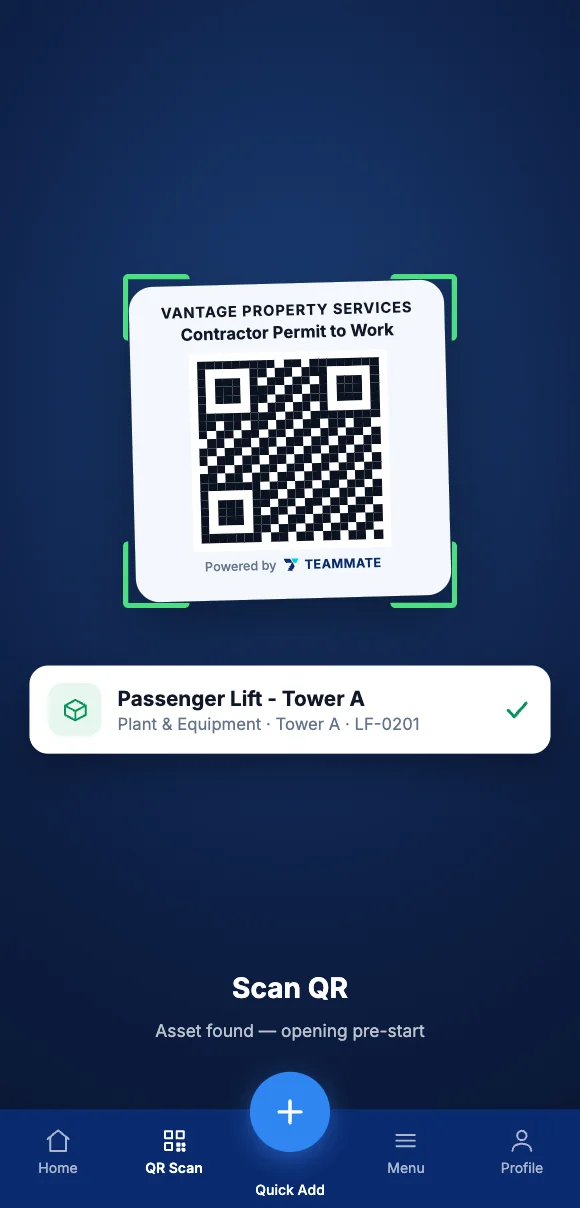 The Teammate App mobile app showing scanning an asset QR tag