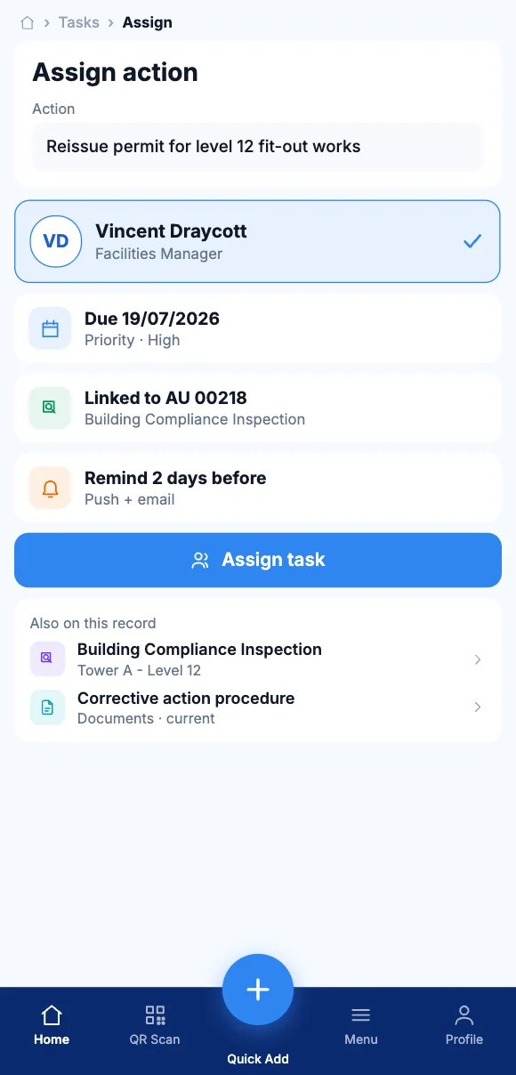 The Teammate App mobile app showing assigning the action to a person