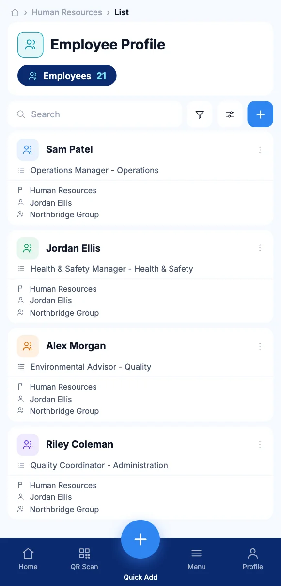 Employee records on the Teammate App mobile app