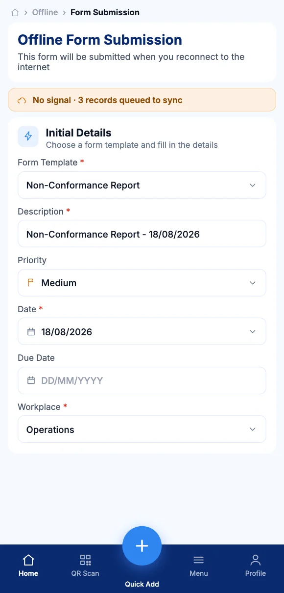 A form queued to sync with no signal on Teammate App mobile