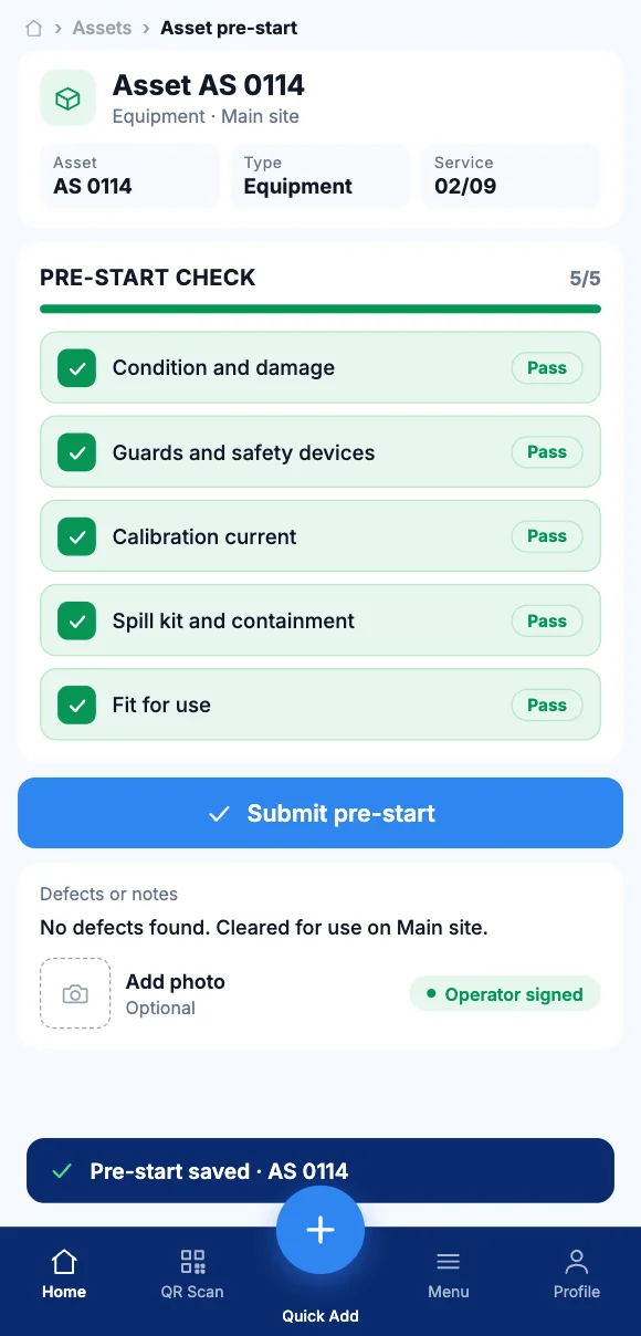 A five-point pre-start check on Teammate App mobile