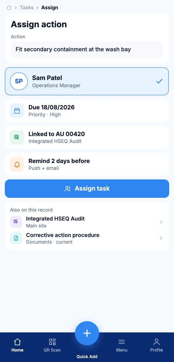 Assigning an action to a person on Teammate App mobile
