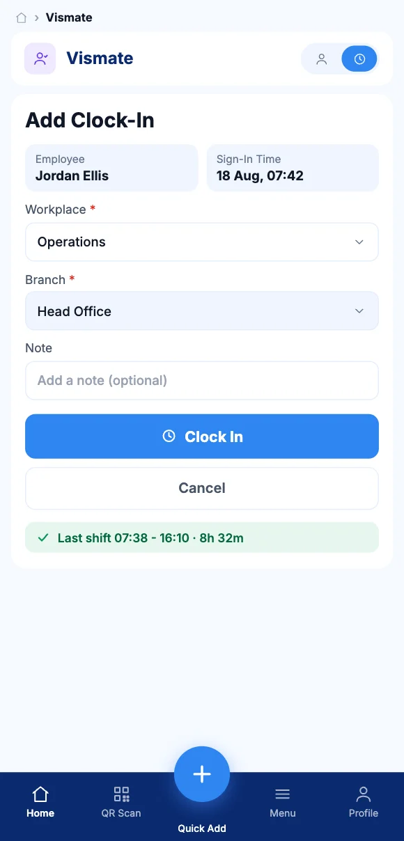 Signing in to a site by QR code on the Teammate App mobile app