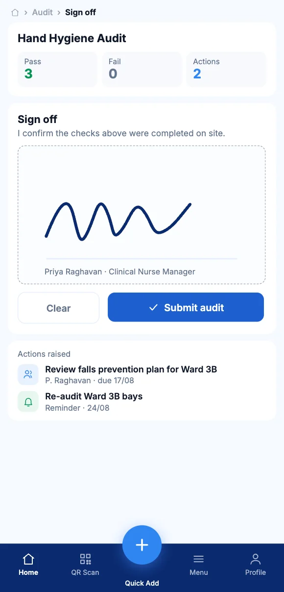 The Teammate App mobile app showing signing off a completed audit