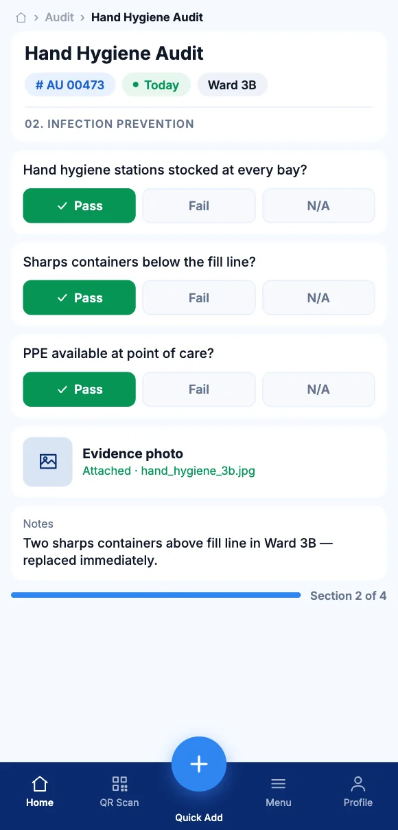 The Teammate App mobile app showing an audit with pass, fail and evidence