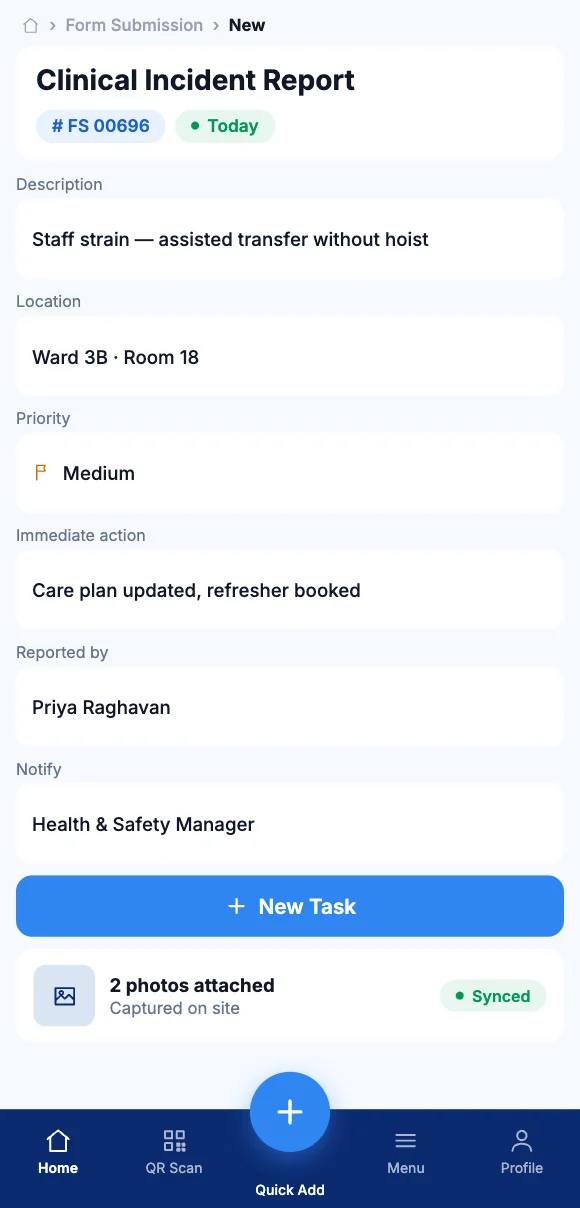 The Teammate App mobile app showing reporting a near miss