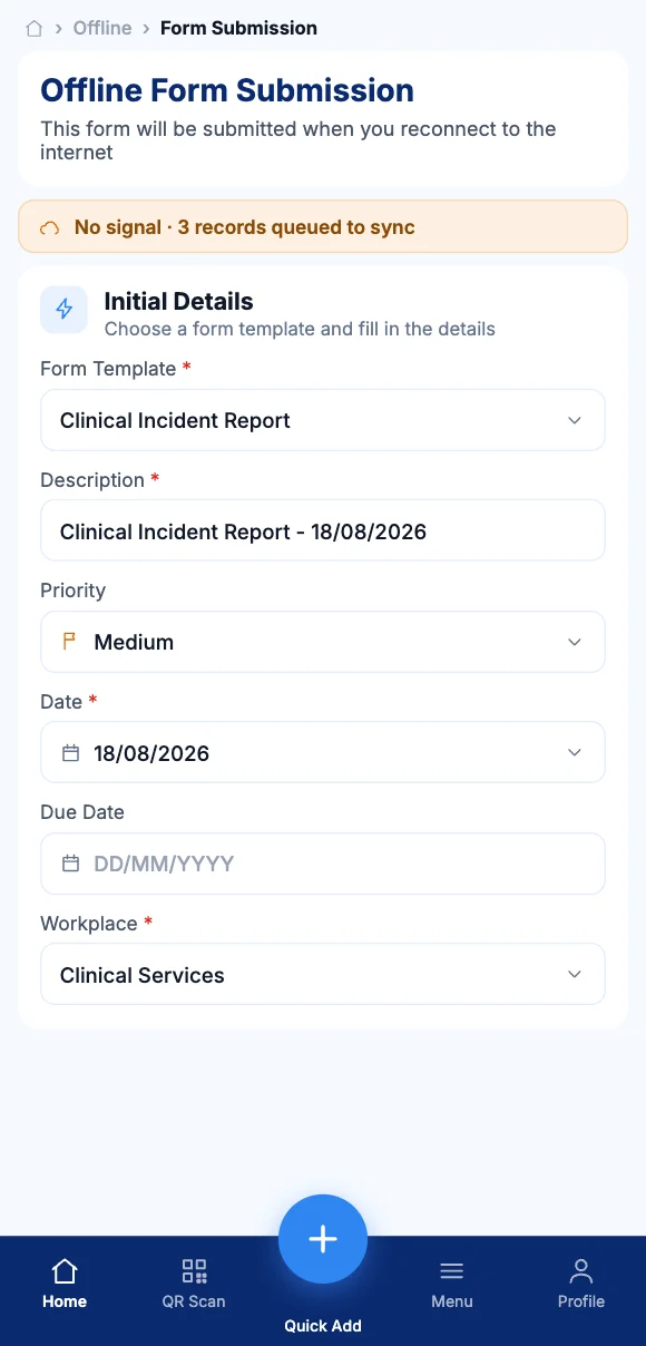 The Teammate App mobile app showing a form queued to sync with no signal