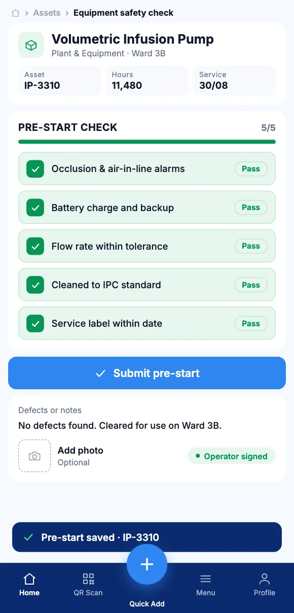 The Teammate App mobile app showing a five-point pre-start check
