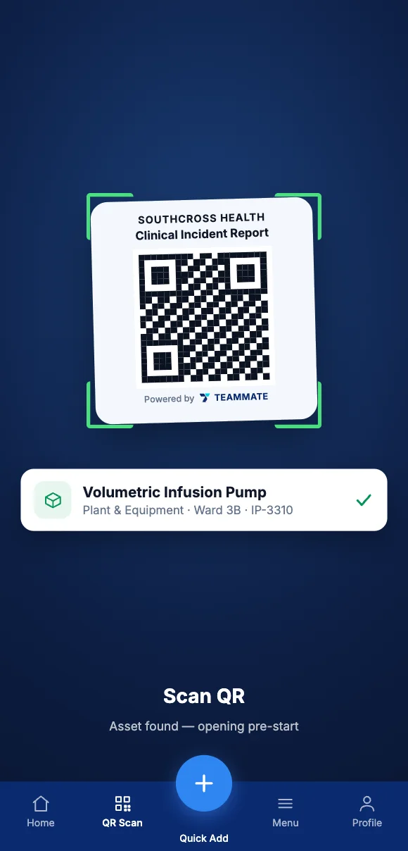 The Teammate App mobile app showing scanning an asset QR tag