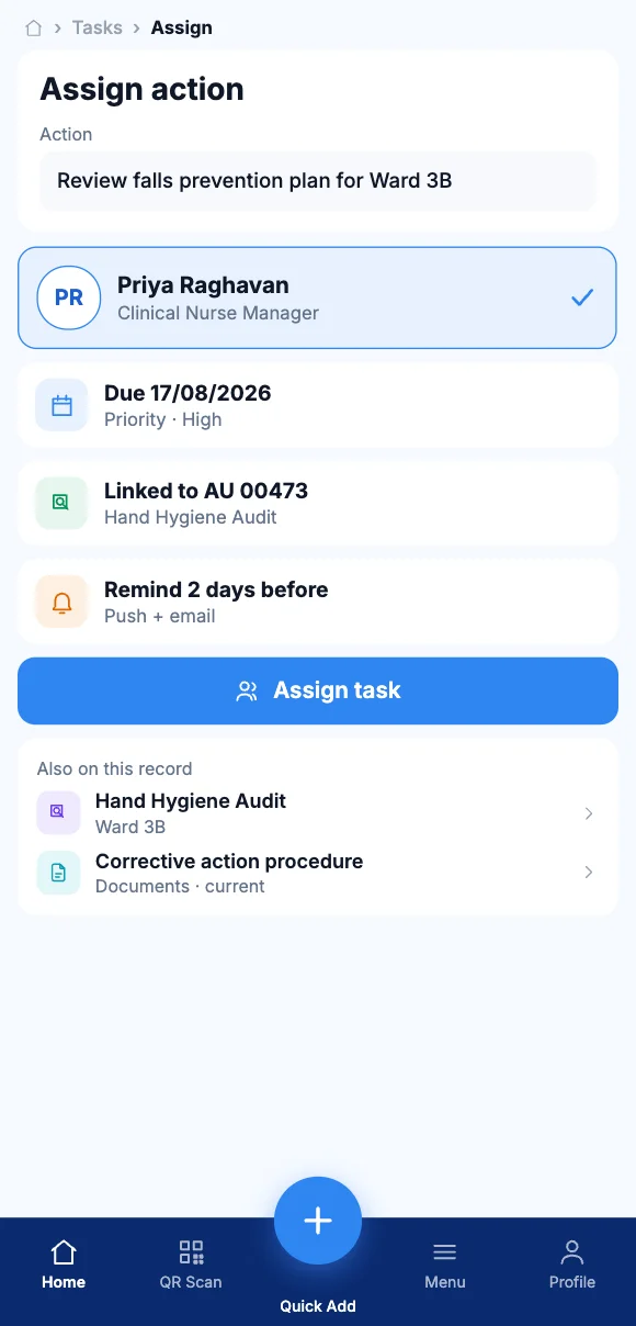 The Teammate App mobile app showing assigning the action to a person