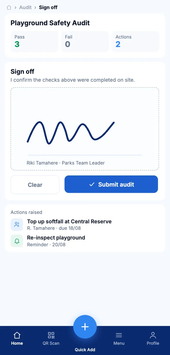 The Teammate App mobile app showing signing off a completed audit