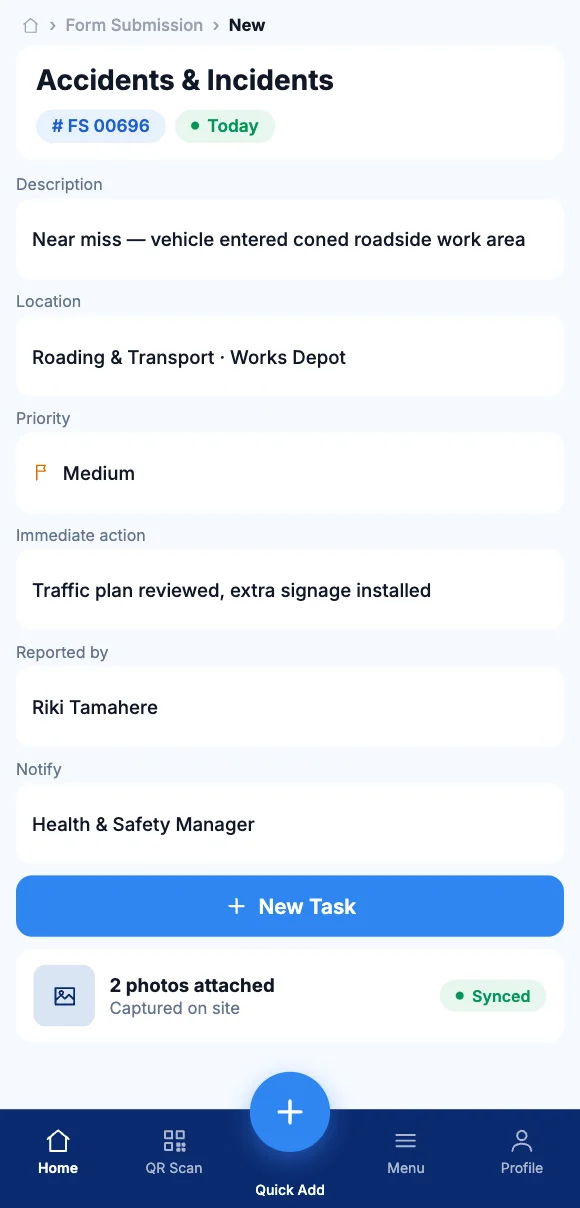 The Teammate App mobile app showing reporting a near miss