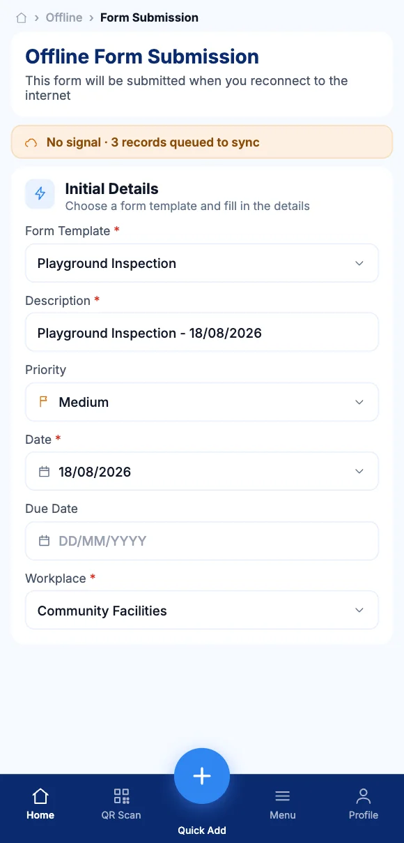 The Teammate App mobile app showing a form queued to sync with no signal