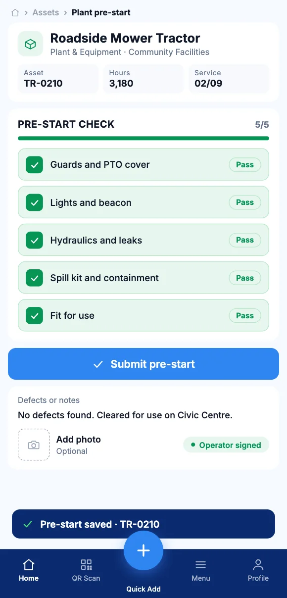 The Teammate App mobile app showing a five-point pre-start check