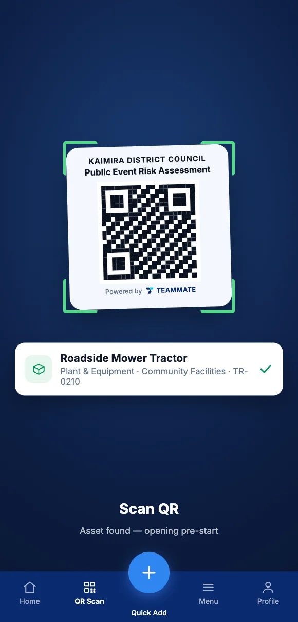 The Teammate App mobile app showing scanning an asset QR tag