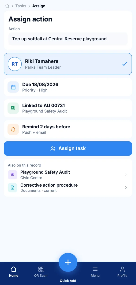 The Teammate App mobile app showing assigning the action to a person