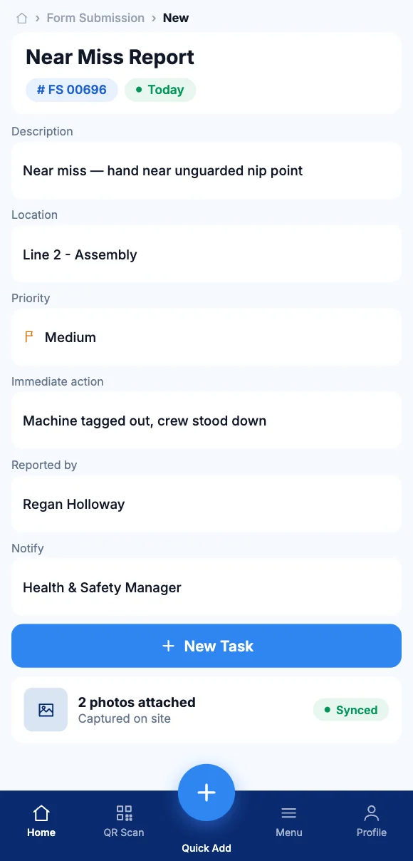 The Teammate App mobile app showing reporting a near miss