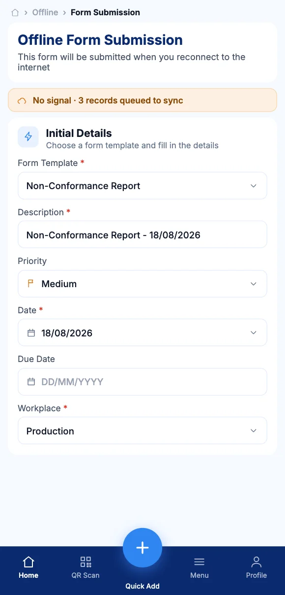 The Teammate App mobile app showing a form queued to sync with no signal